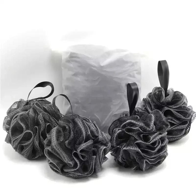 Wholesale Mesh Pouf Luffa Puff Scrubber Black Bath Loofahs Pouf Shower Ball Wash Exfoliating Body Sponge With Logo Custom