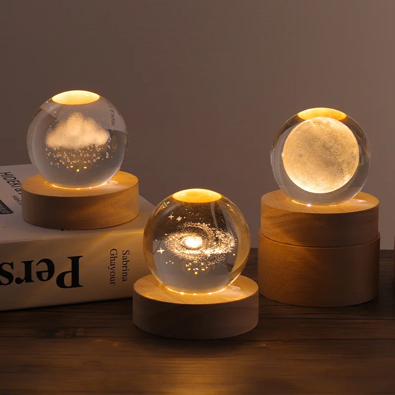 Glowing rain cloud healing crystal ball night light indoor bedroom wooden round base table lamp ornament