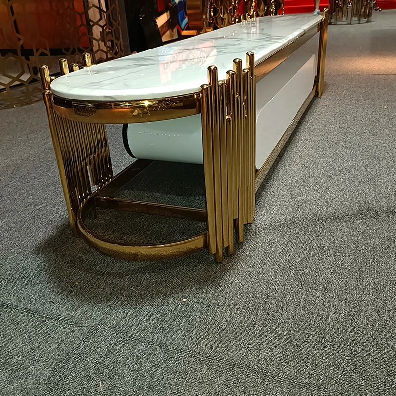 Custom royal art deco designs living room long white gold drawers marble tv cabinet modern luxury