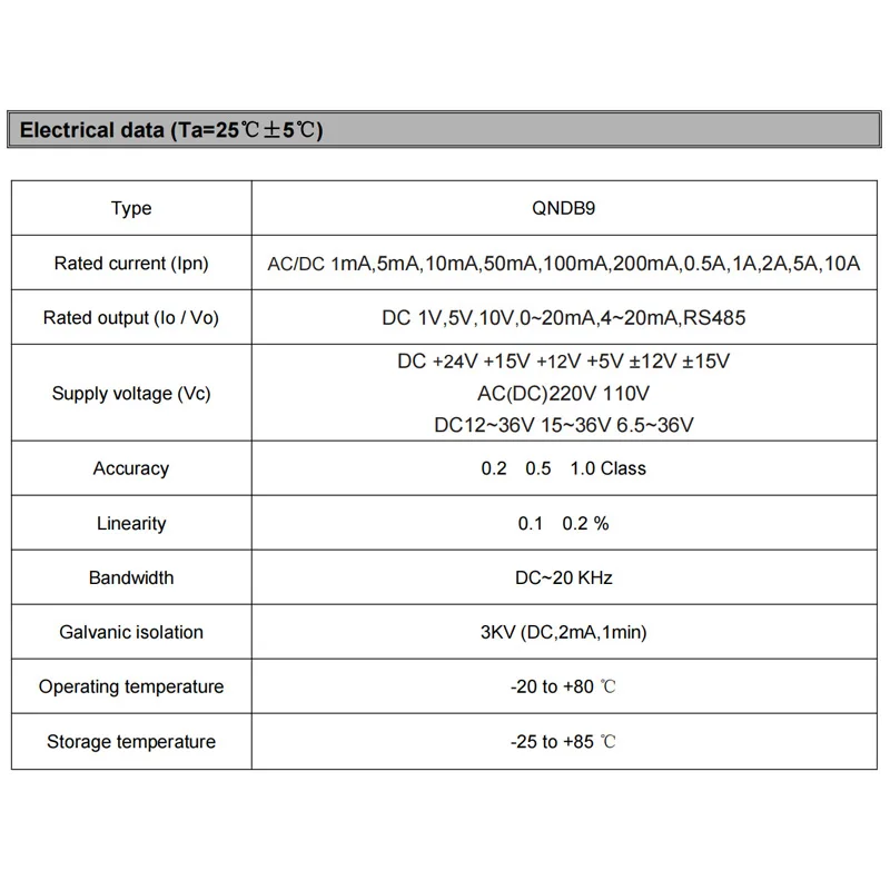 Current Sensor QNDB9 AC DC 0.5A 1A 2A 5A 10A DC 1V 5V 10V 0~20mA 4~20mA RS485 Current Transmitter Transducer for measurement