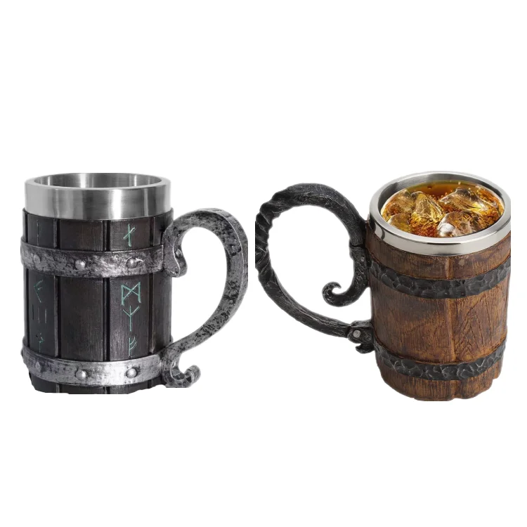 Nordic Vikng Rune Mug Tankard Stainless Steel Wooden Resin 3D Norse Decor Coffee Cool Gothic Beer Tankard Stein Cup Mugs