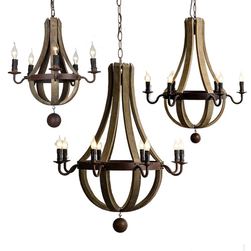 Vintage rustic small 5-light wine barrel wooden chandelier wood wrought iron pendant lamp