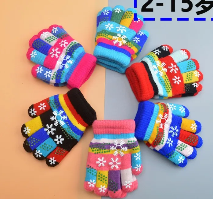 Детские варежки оптом, Детские Зимние теплые жаккардовые перчатки в полоску с пятью пальцами и снежинками для мальчиков и девочек