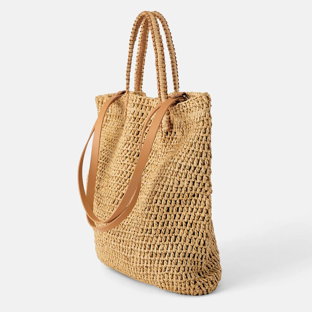 Fashion Dual Handles PU Strap Fabric Lining Plain Handmade Weave Crochet Paper Straw Travel Beach Tote Shoulder Bag for Women