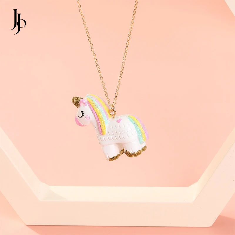 JOJO Fashion Cute Cartoon Rainbow Resin Unicorn Girls Kids Necklace Pendant Jewelry
