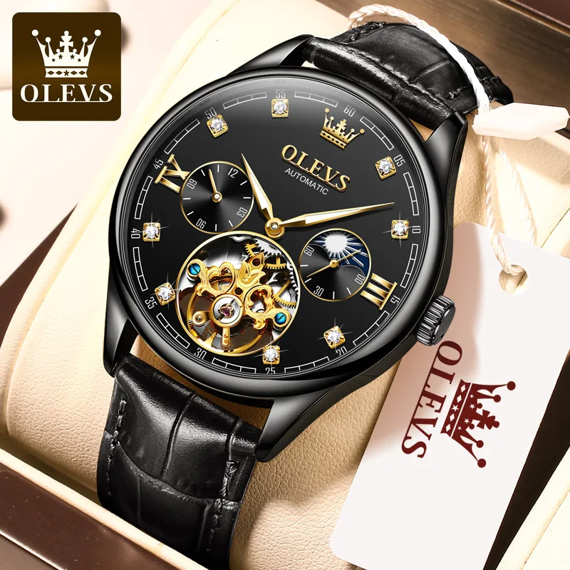 OLEVS 3601 luxury Brown man mechanical watch weird PU leather strap double time lighter automatic sports wrist watch