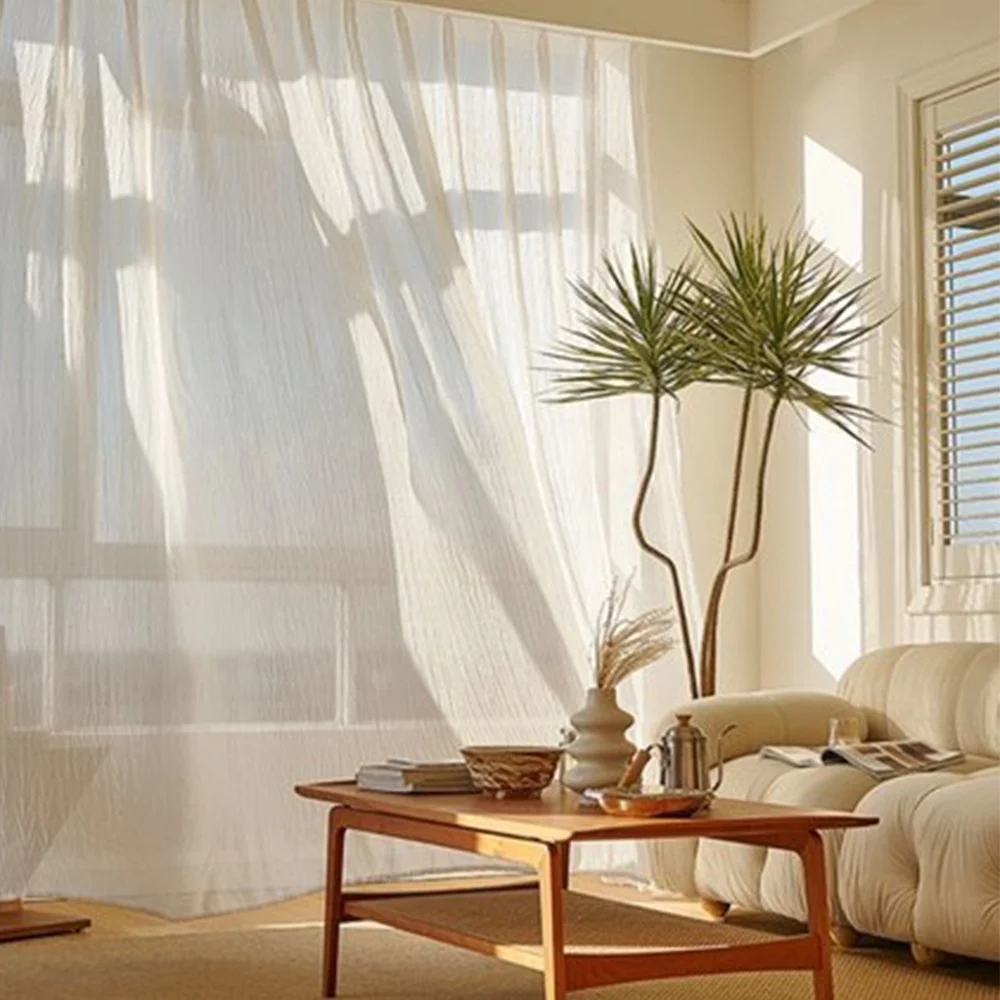 2024 New Beige Color Wrinkle Texture Transparent Pleated Gauze Sheer Curtain for The Living Room Window