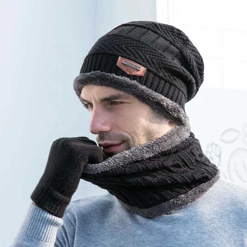 Wholesale Winter Outdoor Warm Knit Beanie Hat Cap and Scarf Gloves 3 piece Set