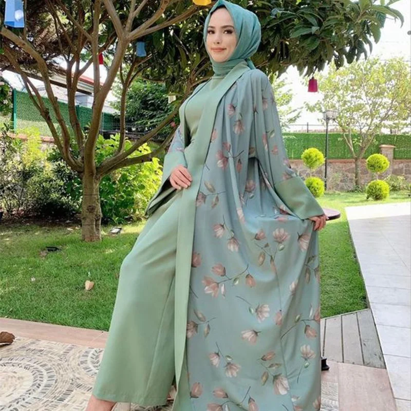 Popular dubai indonesia floral printed muslim dress casual dresses spring long sleeve muslims creep fabric for muslim dress