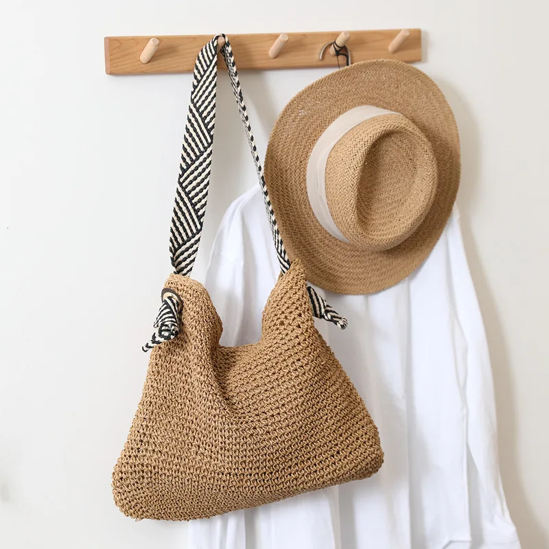 Korean Ins Plaited Woven Paper Straw Beach Shoulder Bags Big Capacity Summer Ladies big Stripe Strap Tote Bags Handbags Factory
