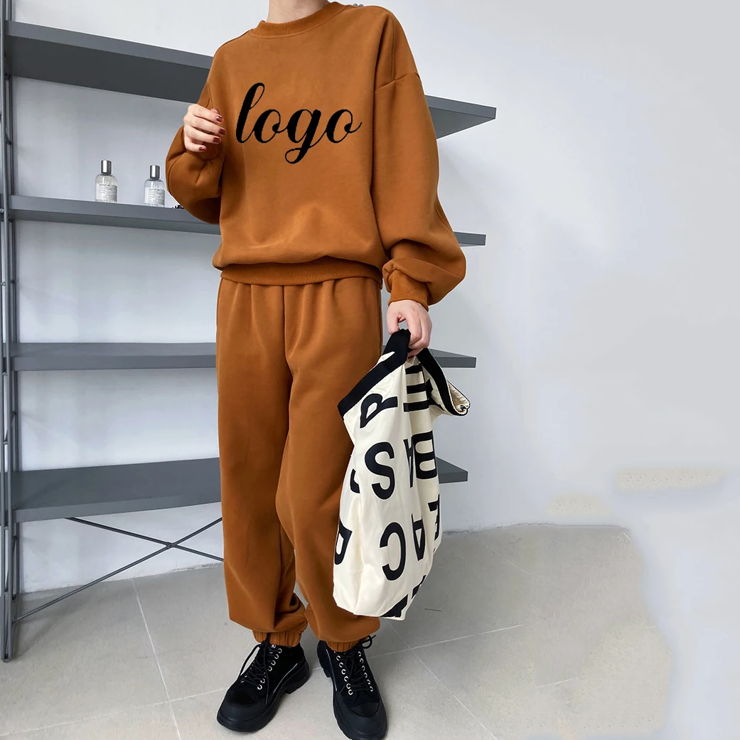 Women custom tracksuit with logo girl loose knit pullover jogging sweater unisex oversize hoodie sweatsuits sets two piece.