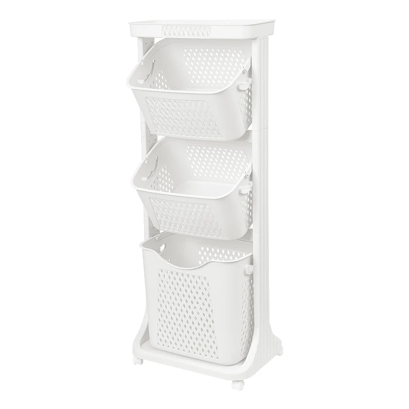 Пластиковая корзина для грязного хранения одежды в ванной комнате, трехуровневая корзина для белья с колесиком