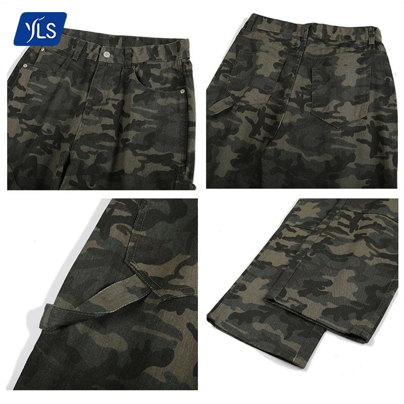 YLS Mens Trendy Outdoor Camouflage Cargo Jeans Highstreet Wear Loose 100% Cotton Straight Wide Leg Slacks Camo Pants
