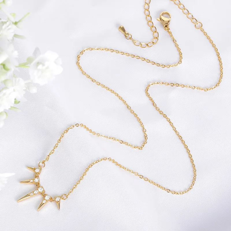 Trendy 18K Gold Plated Stainless Steel Chain Conical Rivet Pendant Necklace Jewelry