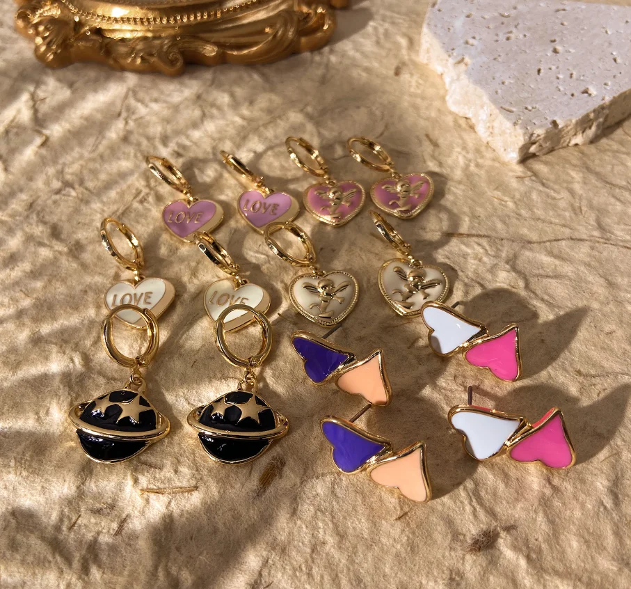 Ins Fashion Alloy Drip Oil Love Heart Drop Earrings Geometric Letter Planet Dangle For Women