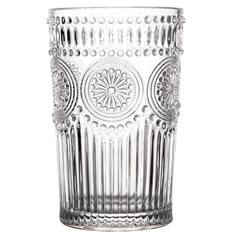 European style retro embossed glass cup transparent gold rim sunflower drinking cup for milk juice