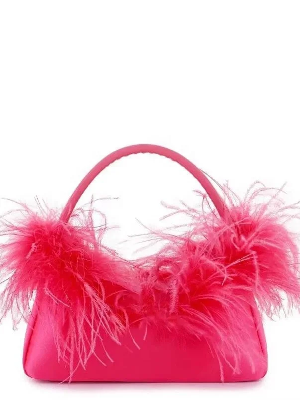 Chic Ele Women Satin Hobo Evening Bag with Ostrich Feather Wedding Party Purse for  ladies sweet red hand bag from Guangzhou