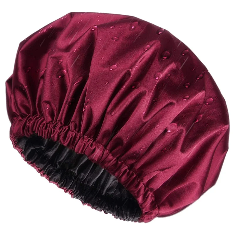 HZO-18155 Satin Lined Shower Cap for women Double Layer Bonnet Waterproof Adjustable Reusable for Hair Protection