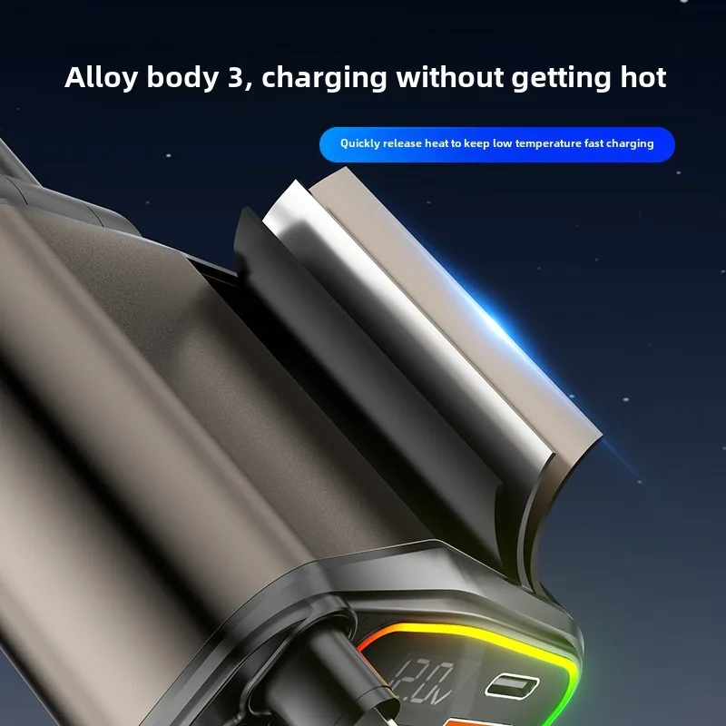 Factory direct retractable car charger fast charging 4 in 1 12V 24V digital display 120W QC3.0 super fast charging