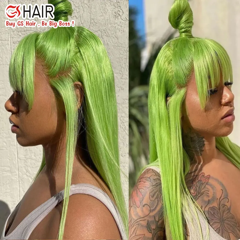 Red Color Human Hair Wigs with Bangs Straight Lace Front Wigs Cuticle Brazilian Virgin Hair Glueless Lace Wigs Bleached Knots