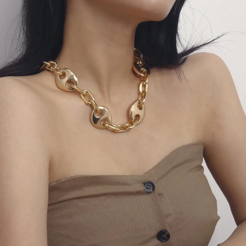 handmade Pig nose buckle thick chain collar single-layer geometric gold Choker necklace