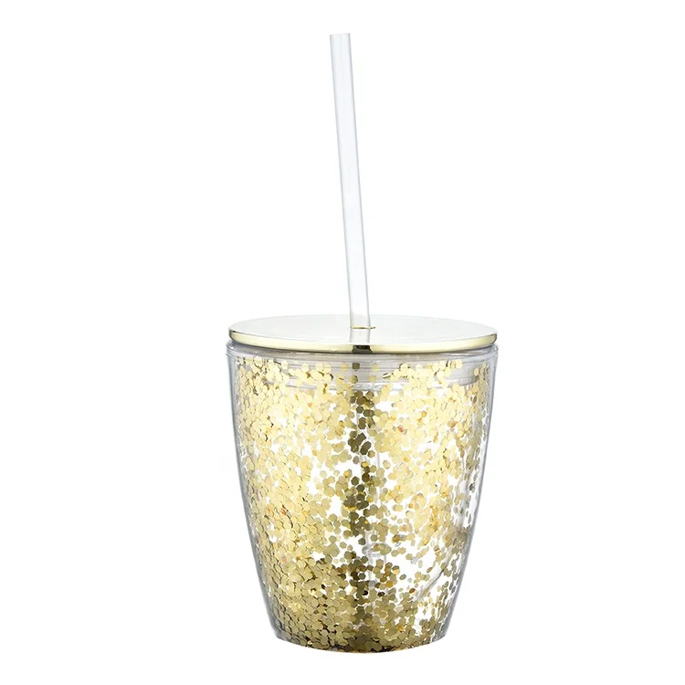12 oz Double Wall Plastic Stemless Wine Tumbler Glasses,Wine Acrylic Tumbler Glitter bubble tea Tumbler With Straw