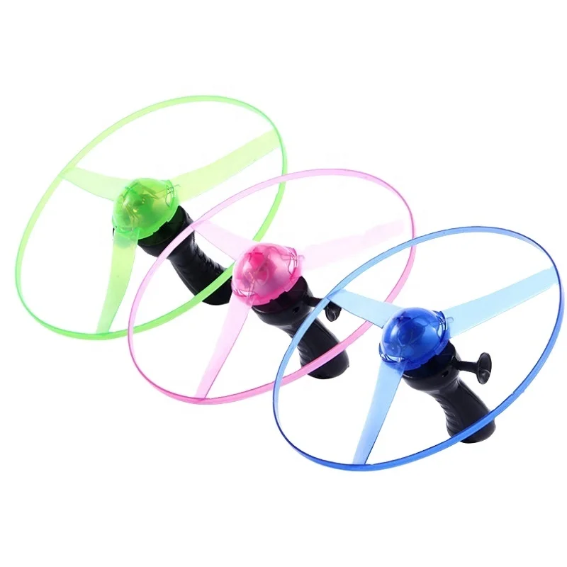 Pull Cable Light up Flying Saucer Fun Rotating Flying Machine Flash Flying UFO LED Lights Handle Kids Outdoor Games