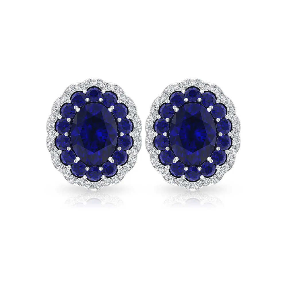 
 3.1 Ct Blue Sapphire Diamond Stud Earring, Color Clarity Diamond Gemstone Cluster Earring  