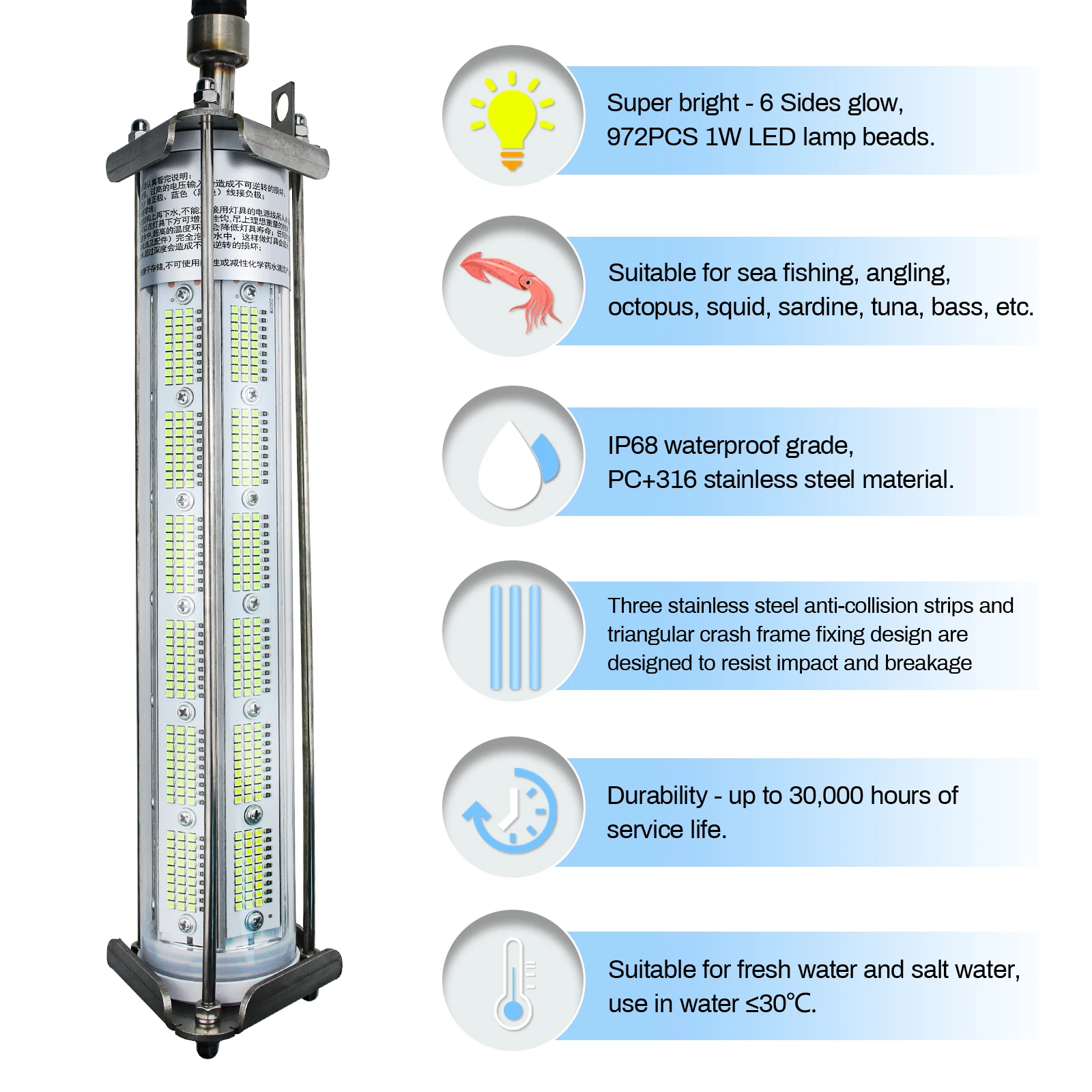 600w Underwater Green Fishing Light 6-sided 360 Rotation Lighting Deep Water Dimmable Underwater Poly Squid Led