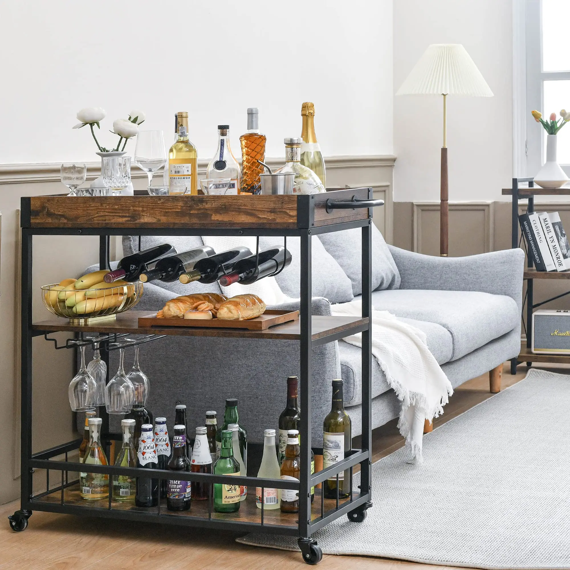 Suoernuo Outdoor Living Kitchen Wine Rack and Glass Holder Mini Home Bar Bar Carts With Wheels