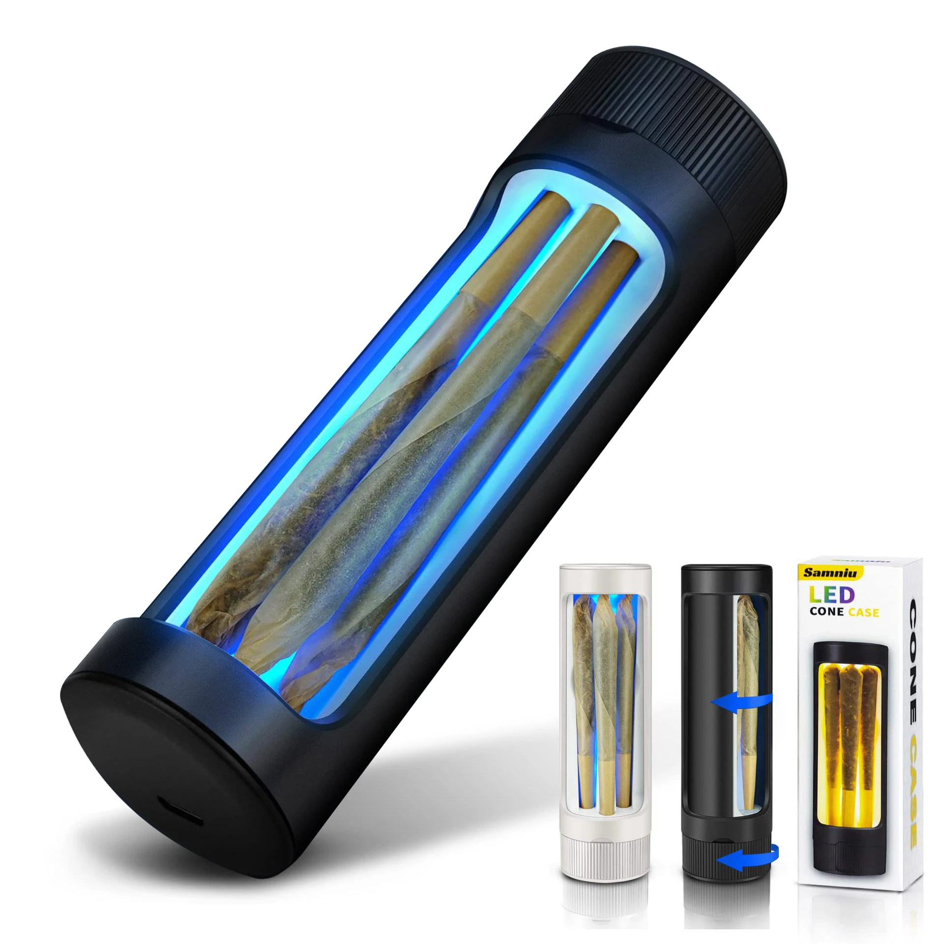 Custom logo 360 Degree Rotation Colorful Lights Rechargeable Acrylic Pre Rolled Cone case Box