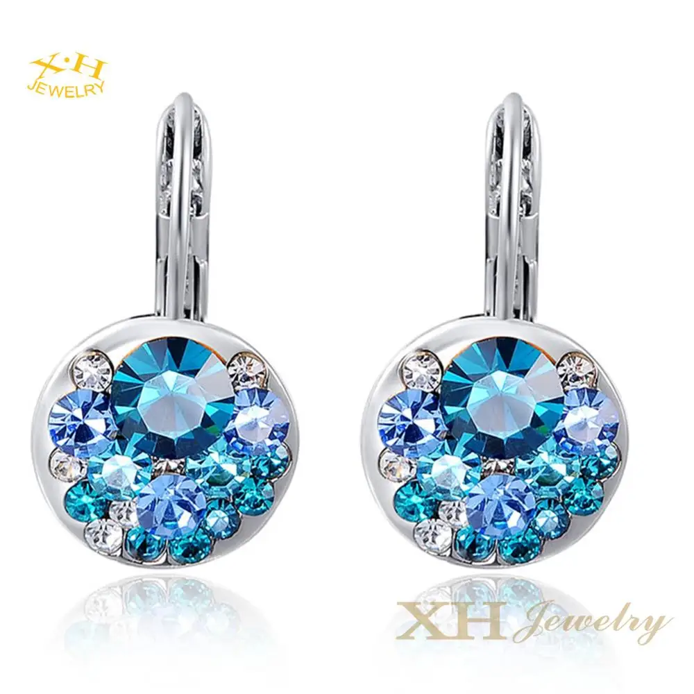 Trendy Fashion Jewelry Blue Tone Austrian Crystal Silver Plating Leverback Earrings Valentine Birthday Gift Women Hoop Earrings