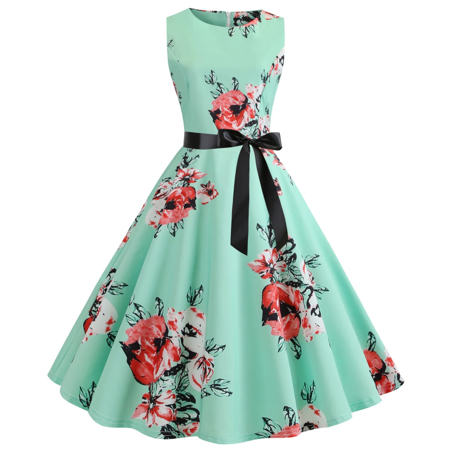 Free bow belt burst Hot Selling Blast Women Vintage Hepburn Wind Sleeveless Waistprint maxi casual women Dresses