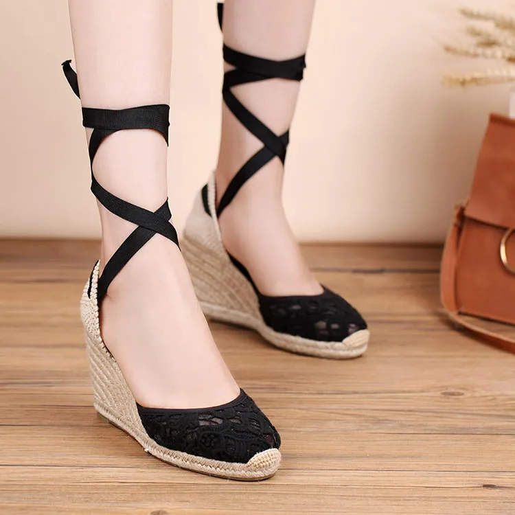 Nicecin Lacing retro shoes for ladies cotton shoes with raised heels creative wedge lace sandals women sneaker shoes espadrilles