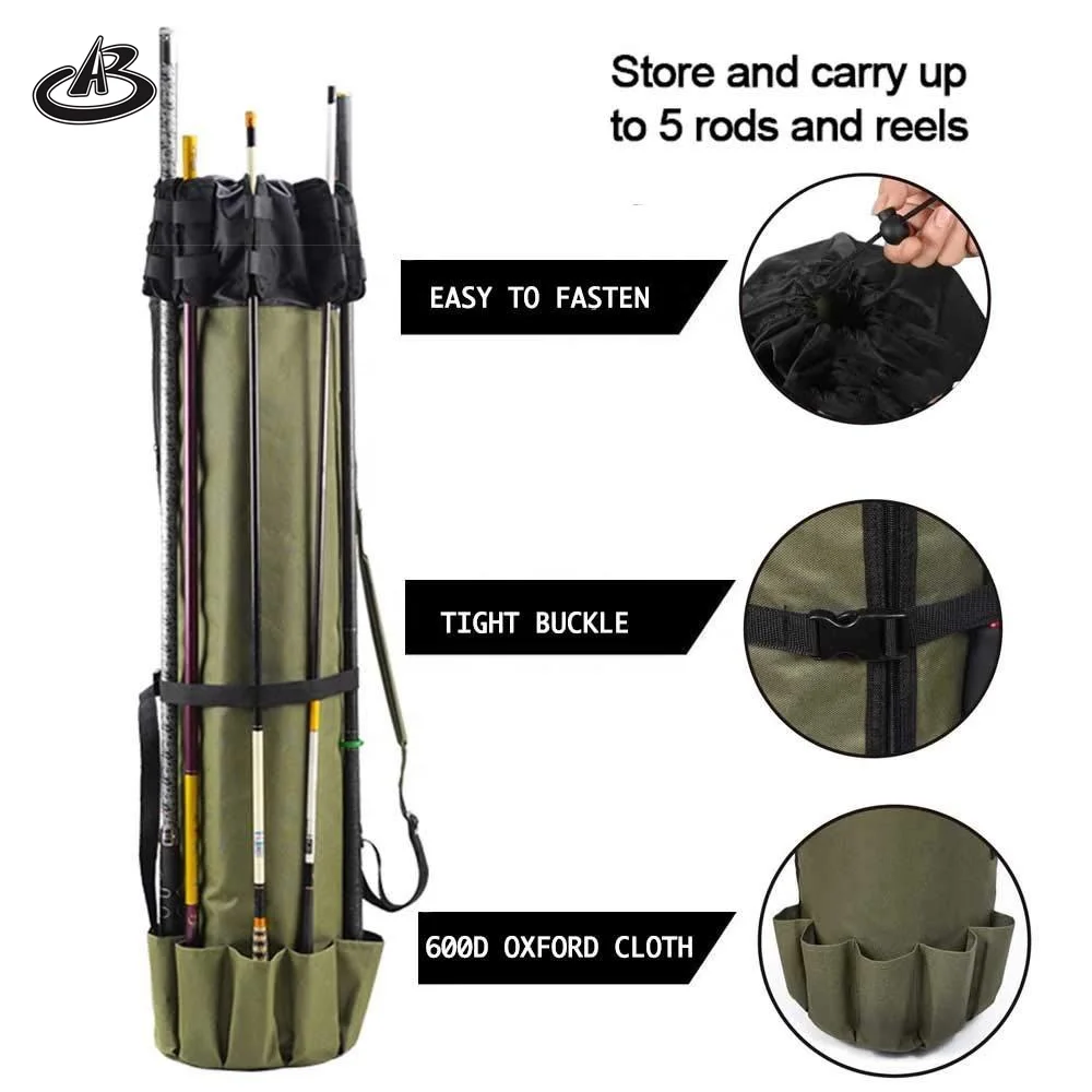 Multi-function Portable Oxford Rod Carrier Waterproof Fishing Rod Reel Organizer Bag for 5 Poles