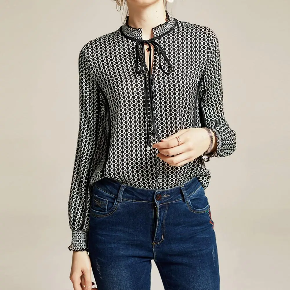 2020 Vintage Pure Silk Bow Collar Long Sleeve Print Shirt Casual Office Blouse For Ladies