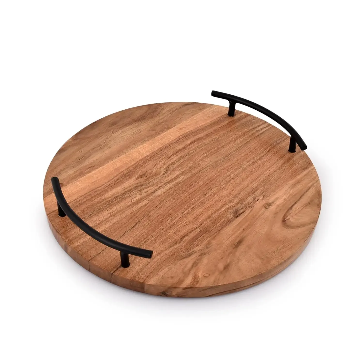 Hot Selling Acacia Wood Serving Tray Round Wood Serving Tray Display Wooden Rotate Tray Storage Organizer with Iron Handles