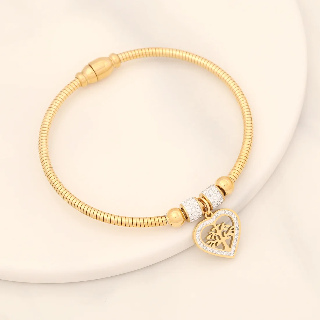 14k Gold Plated Snake Chain Bracelets Magnet Button Stainless Steel Tree Of Life Bracelet Heart Charm Bracelet Wholesale