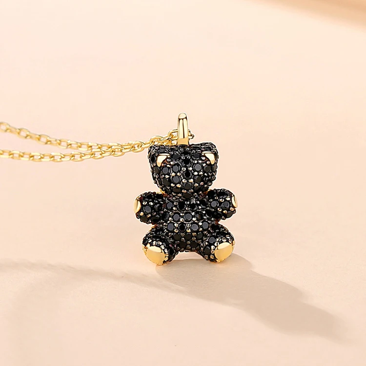 2024 Wholesale 925 Sterling Silver Black Gemstone Hug Golden Bear Necklaces