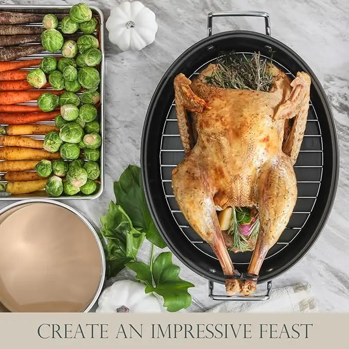 2024 Hot Extra Large Roasting Pan With Lid Non-Stick Turkey Roasting Pan With Rack Heavy Duty Oven-Safe Baking pan