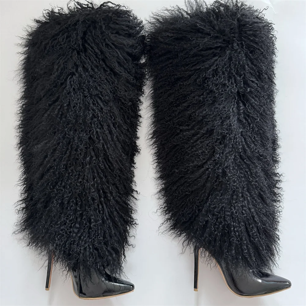 Designer Fur Women Boots High Thin Heel Platform Cosplay Casual Party Warm Boots Shoes Ladies