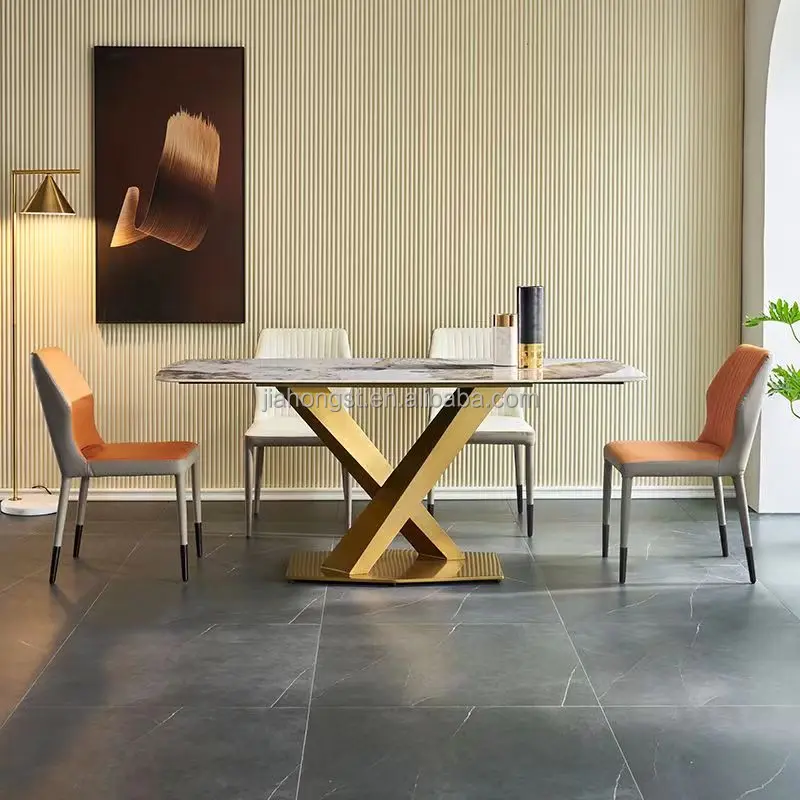 Luxury Contemporary Dining Table Cheap Gold Stainless Steel with Travertine Marble Top Big Size Hotel Use Dining Room Furniture