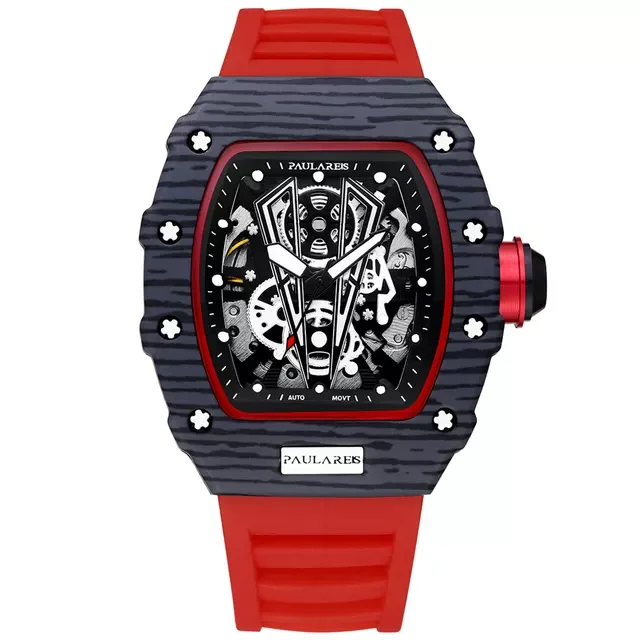 2021 Montre Homme Fashion Tonneau Watch Men Automatic Self Wind Skeleton Mechanical Red Black Rubber Strap Relogio Masculino