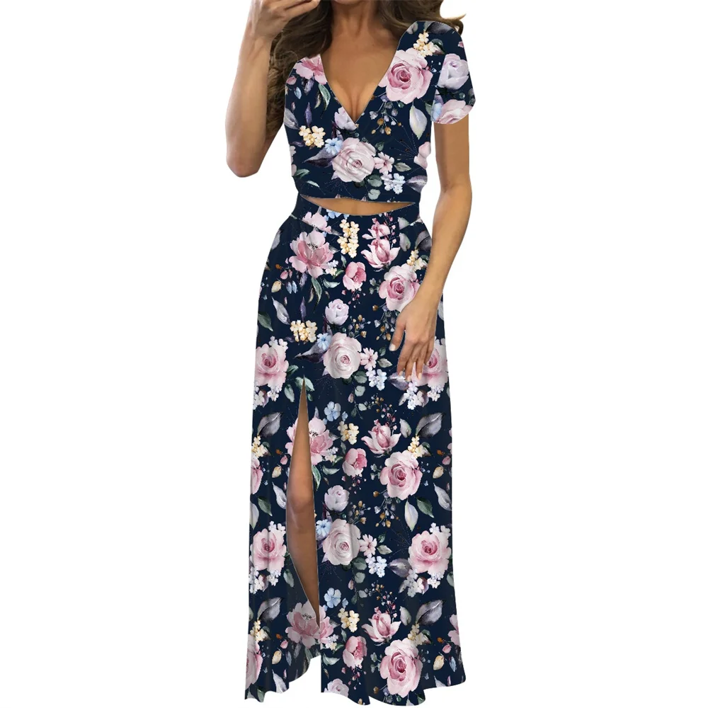 Wholesale Prices Bohemian Boho Hawaiian Monster Leaves Print Suit Dress Customize On Demand Plus Size Casual Split Side Dresses
