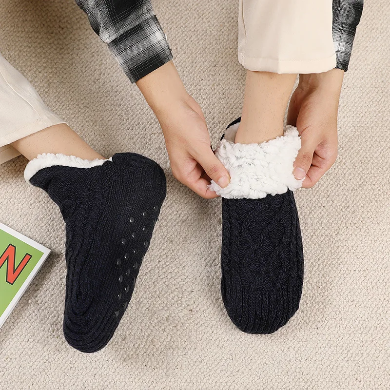 Home Cozy Short Grip Socks Non Slip Fuzzy Sherpa Floor Ankle Sock Super Warm Fleece Lined Thick Terry Slipper Socks with Gripper