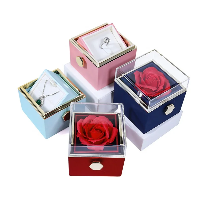 New Preserved Flower Acrylic Double Layers Rotating Gift Box Eternal Rose Necklace Jewelry Box for Valentine Wedding Proposal