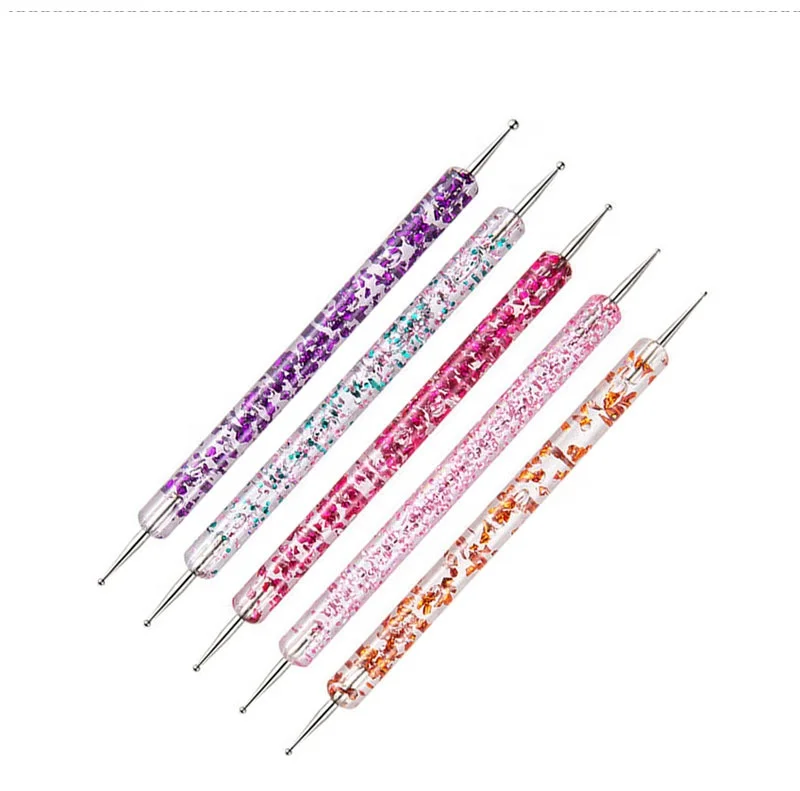 5pcs/Set Dual-Ended Nail Art Dotting Pen With Rhinestones Handle 3D UV Gel Liner Flower Pattern Drawing Painting Brush