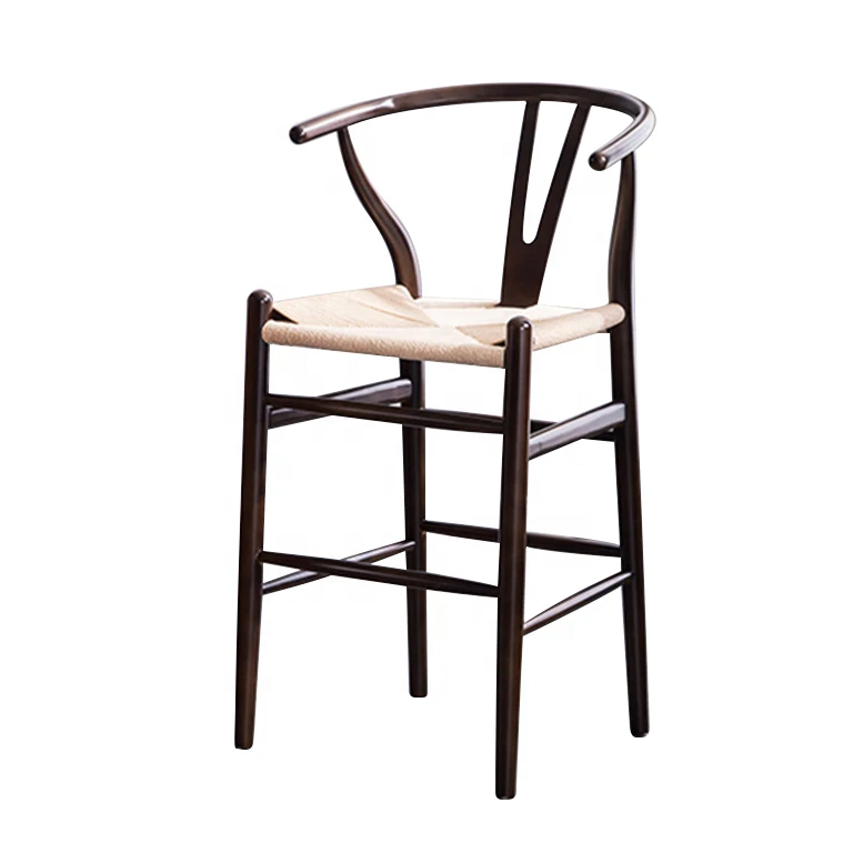 Wholesale high quality Factory Rope Woven Seat Brown Wooden Wishbone Bar Stools Dining Bar High Chair With Arms