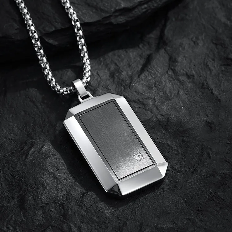 Stainless Steel Solid Design Male Luxury Jewelry Classic Silver Black Plated Two-tone Tag Pendant Necklace