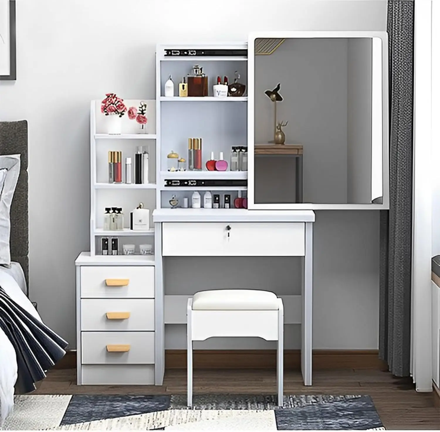 Dressing table with mirror and stool, wood makeup desk vanity table and cushioned stool set